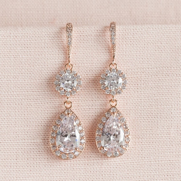 Rose Gold Bridal Earrings, Wedding Jewelry, Crystal Bridal Earrings, Bridal necklace, Bridesmaid jewelry,  Cameron Rose Gold Earrings