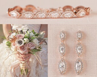 Rose Gold Bridal Jewelry Set, Wedding Bracelet, Yellow Gold, Bridal Earrings, Bridesmaid Jewelry, Ella Jewelry SET