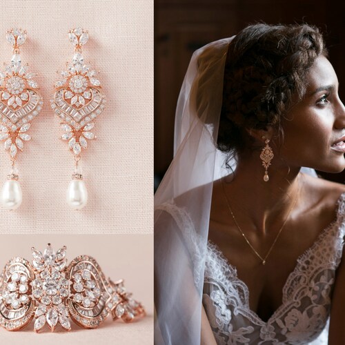 Crystal Bridal Earrings Gold Wedding Bracelet Bridal Jewelry Etsy