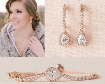 Rose Gold Earrings, Petite Bridal Earrings, Swarovski, Bridal Jewelry SET, Wedding Jewelry, Bridesmaid Jewelry, Bailey Earrings