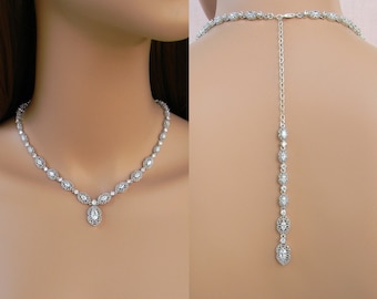 Rose Gold Back Necklace,  Backdrop Wedding necklace, Bridal Earrings, Wedding Jewelry, Bridal Jewelry SET,  Adilene Jewelry
