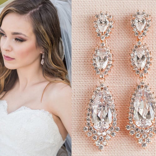 Rose Gold Bridal Earrings Wedding Jewelry Crystal Bridal - Etsy