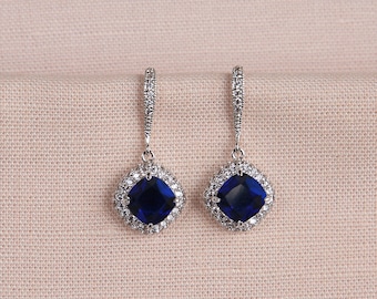 Blue Wedding earrings, Sapphire Bridal necklace, Cushion Cut Bridal Earrings, Sapphire Blue Halo  Bridesmaids Jewelry,  Molly Earrings