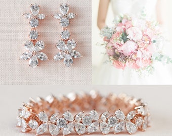 Rose Gold Braut Ohrringe, Hochzeit Armband, Kristall Braut Ohrringe, Blume, Braut Schmuck SET, Braut Armband, Savannah Brautschmuck