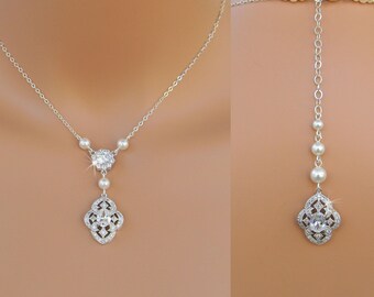 Pearl Bridal Necklace, Rose Gold, Dainty Backdrop Bridal Necklace, Wedding earrings, Vintage Style Bridal Jewelry SET, Lola Bridal Jewelry