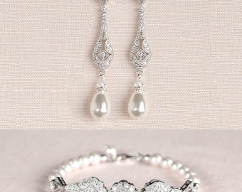 Bridal Earrings, Wedding Earrings, Swarovski Pearl Drop Dangle Earrings, Pearl Bracelet, Vintage Style, Wedding jewelry,  Kristy Earrings