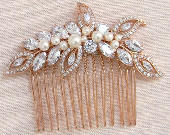 Rose gold hair comb, Bridal Hair comb, High Quality European Pearl and crystal, Wedding Tiara, Rose Gold Linneah Crystal Hair comb