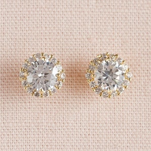 Gold Stud Bridal earrings, Crystal Wedding earrings, Halo Bridal jewelry, Bridesmaids jewelry, Stud Earrings, Large Crystal Stud earrings