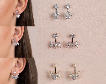 Bridesmaid Ear Jacket Front Back Earrings Bridal Jacket Earrings Rose Gold Gold Earring Jackets Pearl and Crystal Stud Earrings Silver