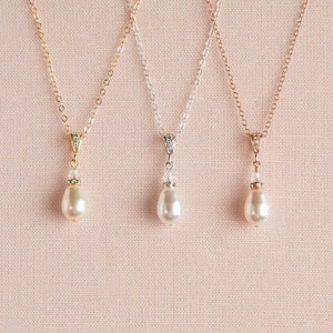 Colar de pérolas solitário, colar de noiva, cristal e pérola, prata esterlina, banhado a ouro rosa, banhado a ouro, pingente de pérola em forma de lágrima