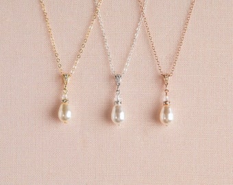 Solitaire Pearl Necklace, Bridal Necklace, Crystal and Pearl, Sterling Silver, Rose Gold Filled, Gold Filled, Tear Drop Pearl Pendant