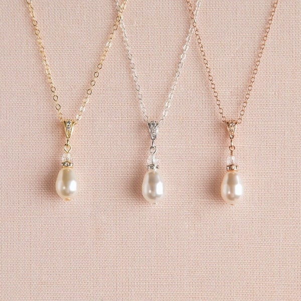 Solitaire Pearl Necklace, Bridal Necklace, Crystal and Pearl, Sterling Silver, Rose Gold Filled, Gold Filled, Tear Drop Pearl Pendant