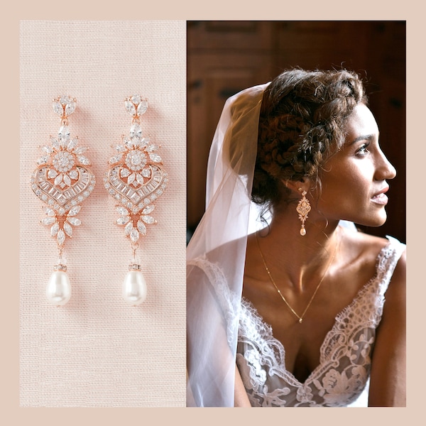 Rose Gold Bridal Earrings, Crystal Wedding earrings, Bridal Jewelry, Long Crystal Wedding Earrings, Swarovski, London Bridal Earrings
