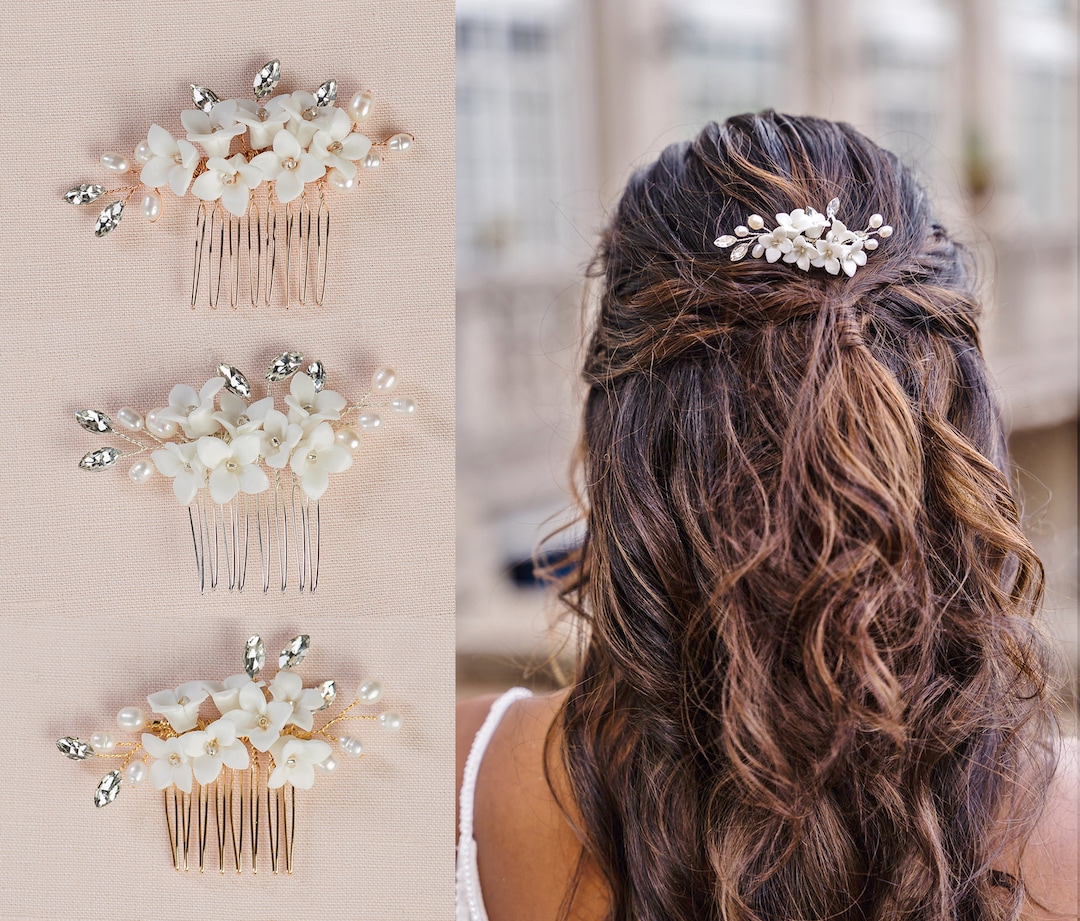 Handgefertigter Braut-Haarkamm – Goldfarben Mit Perlen & Blumen (7.5x10 Cm)
