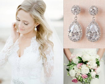 Bridal Earrings, Classic Crystal Wedding Earrings, Pierce OR Clip-on Crystal Drop Earrings, Bridesmaid Jewelry, Brooke Bridal Earrings