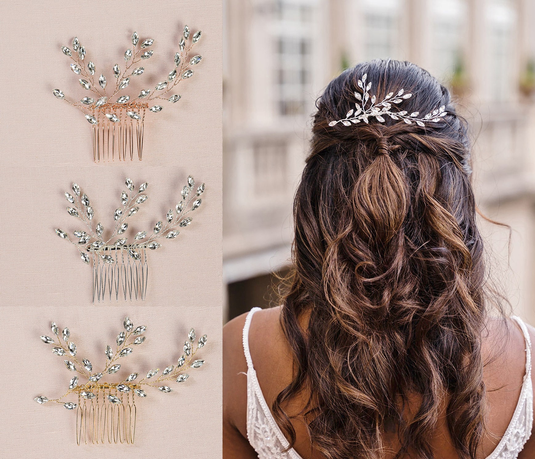 Wispy Bridal Hair Comb, Crystal Wedding Hair Piece, Gold Wedding Comb, Rose Gold Leaf Hair Comb, Bridal Hair vine, Eloise Hair Comb