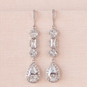 Long Crystal Earrings for Wedding, Emerald Cut, Cushion Cut Bridal Earrings, Julienne Jewelry
