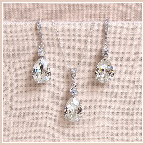 Crystal Pendant Necklace SET Earrings Bridal jewelry Sterling silver Sparkly Wedding Jewelry, Bridesmaids Jewelry, Lilliana Crystal Drop SET