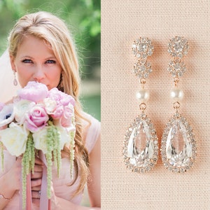 Rose Gold Bridal Earrings, Wedding jewelry, Crystal Bridal earrings, Gold Halo Earrings, Bridesmaids, Chelsea Crystal Drop Earrings