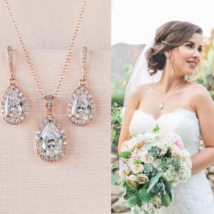 Rose Gold Bridal Set, Bridesmaids Jewelry Set, Crystal Pendant and Earrings, Simple Back Drop Necklace, Ariel Rose Gold Bridal Jewelry SET