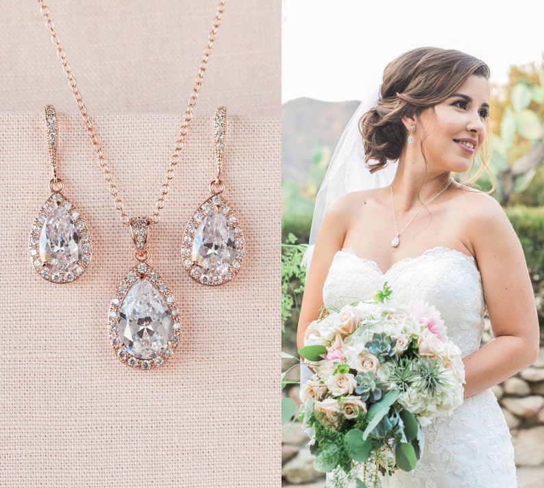 Rose Gold Bridal Set Bridesmaids Jewelry Set Crystal Pendant Etsy