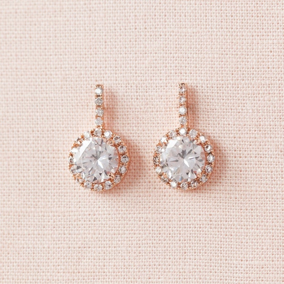 Crystal Bridal Earrings Rose Gold Round Halo Swarovski | Etsy