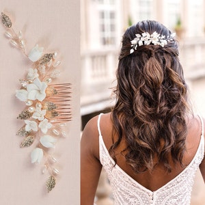 Peigne de mariée romantique, barrette à cheveux en feuille d&#39;or, grand peigne à cheveux de mariée, casque de mariage en perles, peigne à cheveux en feuilles d&#39;or rose, peigne de mariée Hope