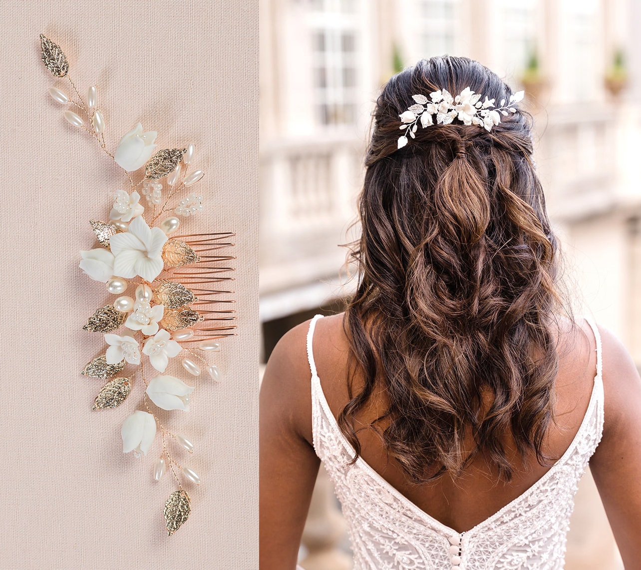 NEW Gold leaf Pearl Hair Comb Bridal headpiece Gold Crystals Leaves Wedding Hair Vine/ Comb, Pearl Bridal  main image 4