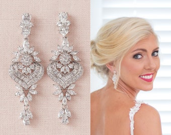Bridal Earrings, Chandelier Crystal Wedding Earrings, CLIP ON Rose Gold Bridal Jewelry, Gold Wedding Earrings, London Extended Earrings