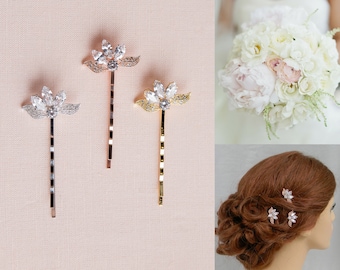 Épingles à cheveux feuille, cheveux de mariée, épingles à cheveux de mariage en or rose, pinces à cheveux de mariée, peigne à cheveux en cristal, strass, épingles à cheveux petite feuille