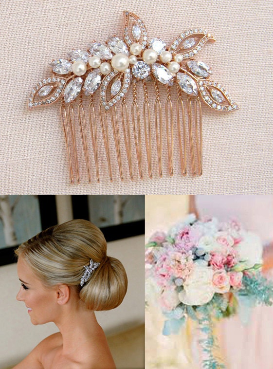 Rose Gold Comb, Bridal Hair comb, Pearl Bridal Comb, Swarovski Weddin…