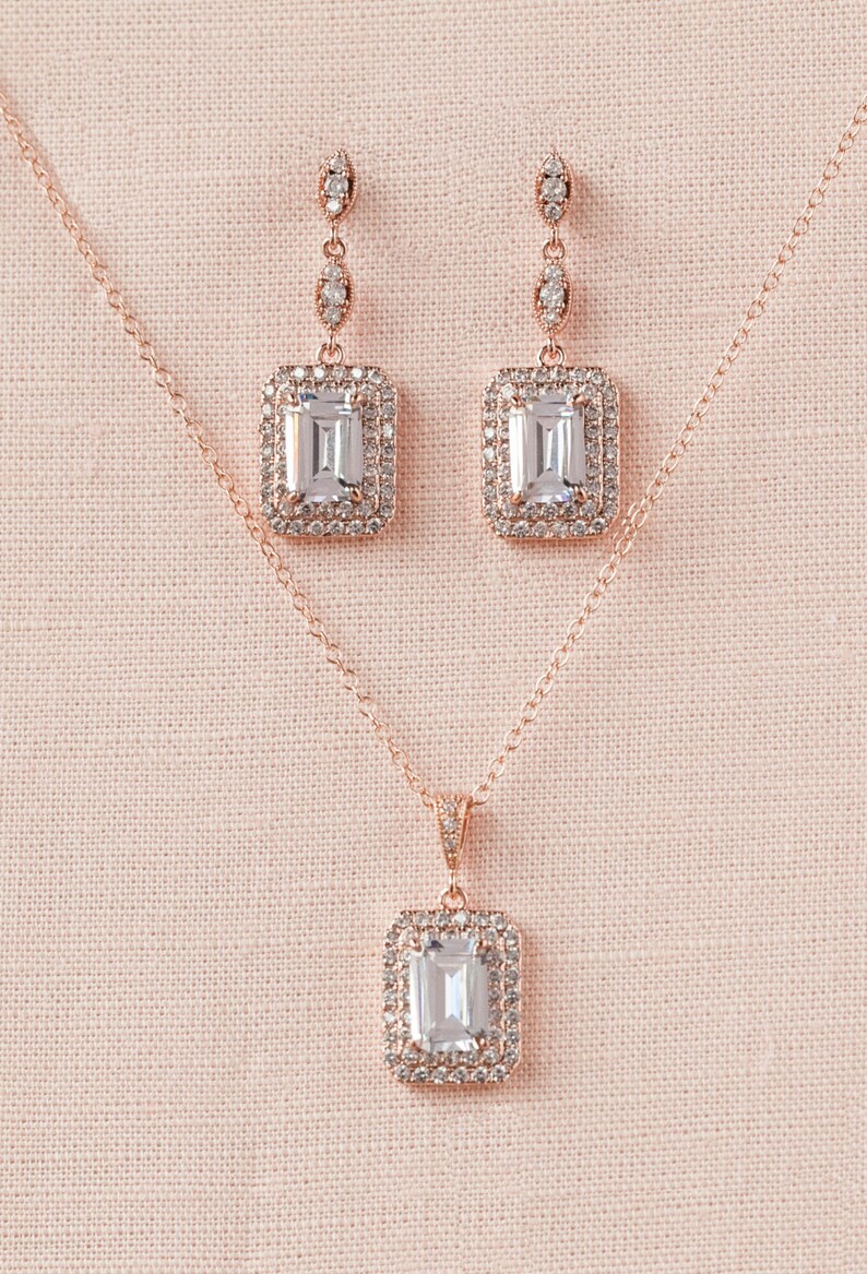 Rose Gold Wedding Jewelry Emerald Cut Halo Crystal Wedding necklace Bridal Jewelry Crystal Bridal Earrings Morgan SET