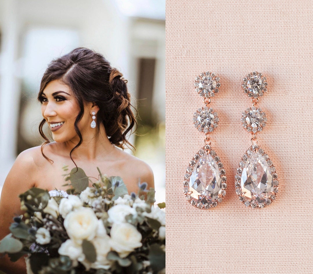 Rose Gold Earrings Wedding Earrings CLIP ON Long Bridal - Etsy
