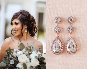 Rose Gold Earrings, Wedding earrings, CLIP ON Long Bridal earrings, Bridesmaids, Swarovski, Wedding Jewelry,  Rose Gold Long Stud Earrings