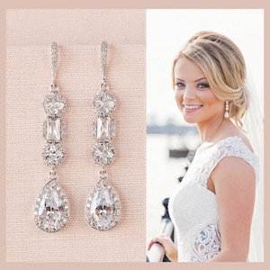 Crystal Bridal Earrings, Crystal Wedding earrings, Long earrings, Wedding Jewelry, Rose Gold, Bridal Jewelry, Julienne Crystal Earrings