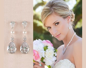 Pearl Crystal Bridal Earrings, Wedding earrings, Swarovski  Pearl Long dangle, Wedding, Bridesmaids, Claire Crystal Pearl Drop Earrings