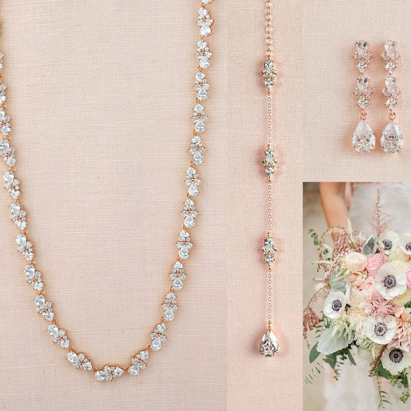 Bridal Necklace Back Wedding Necklace, Long Dangle Earrings, Crystal Bridal Jewelry, Earrings and Back Necklace, Kendall Jewelry