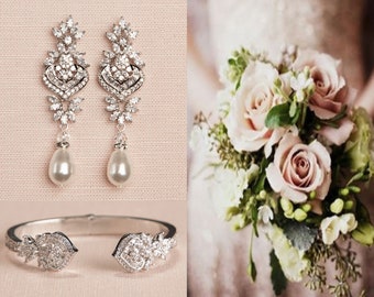 Bridal Jewelry SET Silver Wedding Bracelet, Pearl Drop Earrings, Rose Gold Wedding Jewelry Wedding Earrings and Bracelet, London Jewelry,