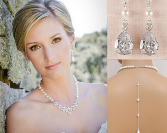 Backdrop Bridal Necklace, Wedding back drop Necklace, Crystal and Pearl Bridal Earrings, Wedding Earrings, Bridal Jewelry, Claire Necklace