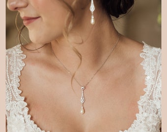 Braut Halskette Tropfen Perle Hochzeit Anhänger, Braut Ohrringe, Rose Gold Schmuck, Swarovski Brautschmuck, Art Deco Hochzeit, Kristy Schmuck