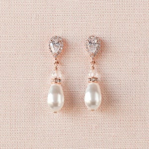 Pearl Drop Bridal Earrings, Rose Gold Wedding Earrings, Pierced OR CLIP-On Earrings, Swarovski, Bridesmaid Earrings, Emma Earrings