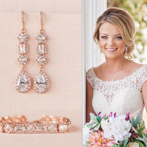 Rose gold Bridal Bracelet, Crystal wedding Bracelet, Bridal Earrings, Bridal Jewelry, Swarovski wedding jewelry, Julienne Bridal Bracelet image 1