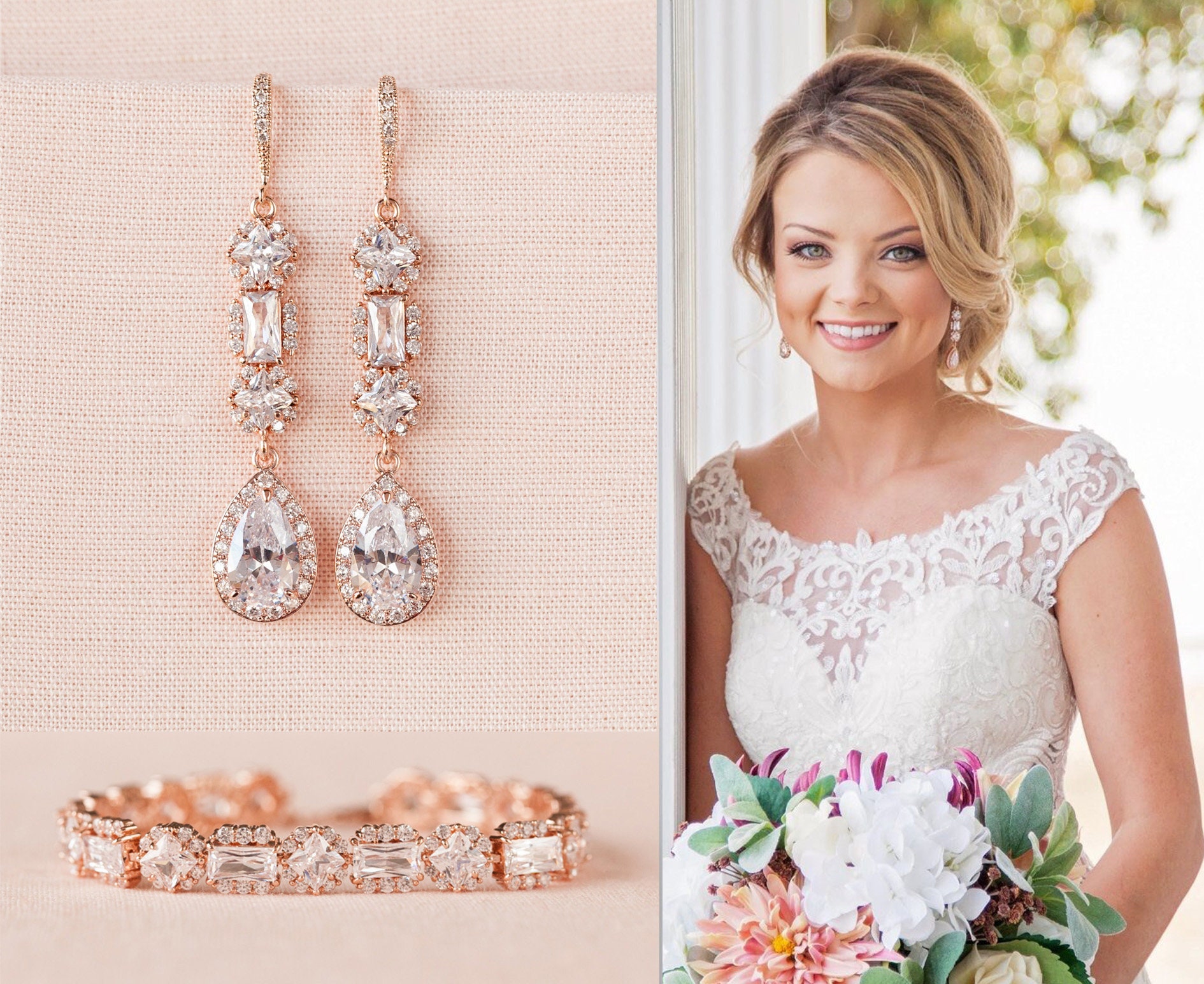 Rose gold Bridal Bracelet, Crystal wedding Bracelet, Bridal Earrings,…