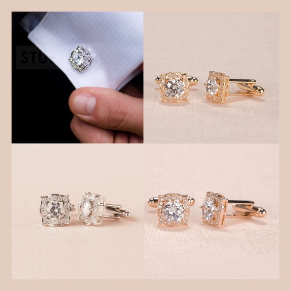 Cufflinks, Rose Gold Mens cufflinks, Crystal cufflinks, Gift for Men,  Wedding jewelry, Men's Clear Crystal Cufflinks, Adrienne Cufflinks