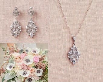 Bridal Jewelry Earrings Necklace Rose Gold Wedding Jewelry, Dainty Cluster Crystal Earrings, Bridesmaid Earrings,  Kinsley Jewelry