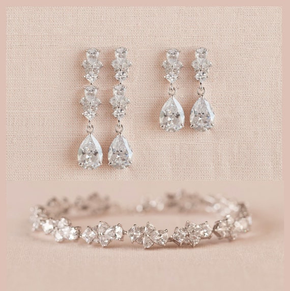 Bridal Jewelry SET, Crystal Wedding Jewelry, Short earrings OR Long earrings, Rose gold Bracelet, Gold Bridal Earrings, Kendall Jewelry SET