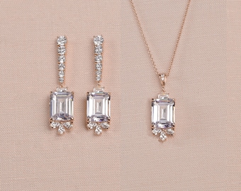 Wedding Jewelry For Bride Emerald Cut Wedding Earring, Rose Gold Bridal Earrings, Gold Bridal Jewelry Set, Wedding Necklace, Kaitlyn Jewelry