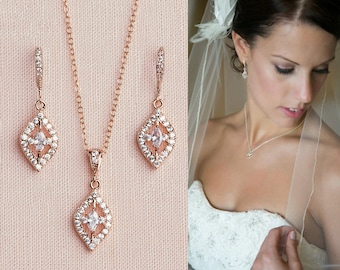 Rose Gold Bridal Jewelry SET, Wedding Jewelry, Wedding earrings, High quality chain,  Bridal Earrings, Simple Mackenzie Set