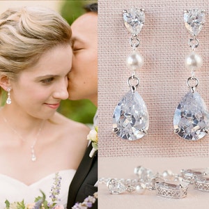 Crystal Bridal earrings, Rose Gold Wedding jewelry Swarovski Crystal Wedding earrings, Pendant, Bridal jewelry, Crystal Drop and Pearl SET image 1