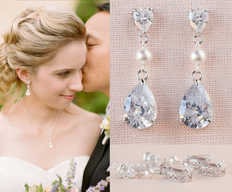 Crystal Bridal earrings, Rose Gold Wedding jewelry Swarovski Crystal Wedding earrings, Pendant, Bridal jewelry, Crystal Drop and Pearl SET image 1